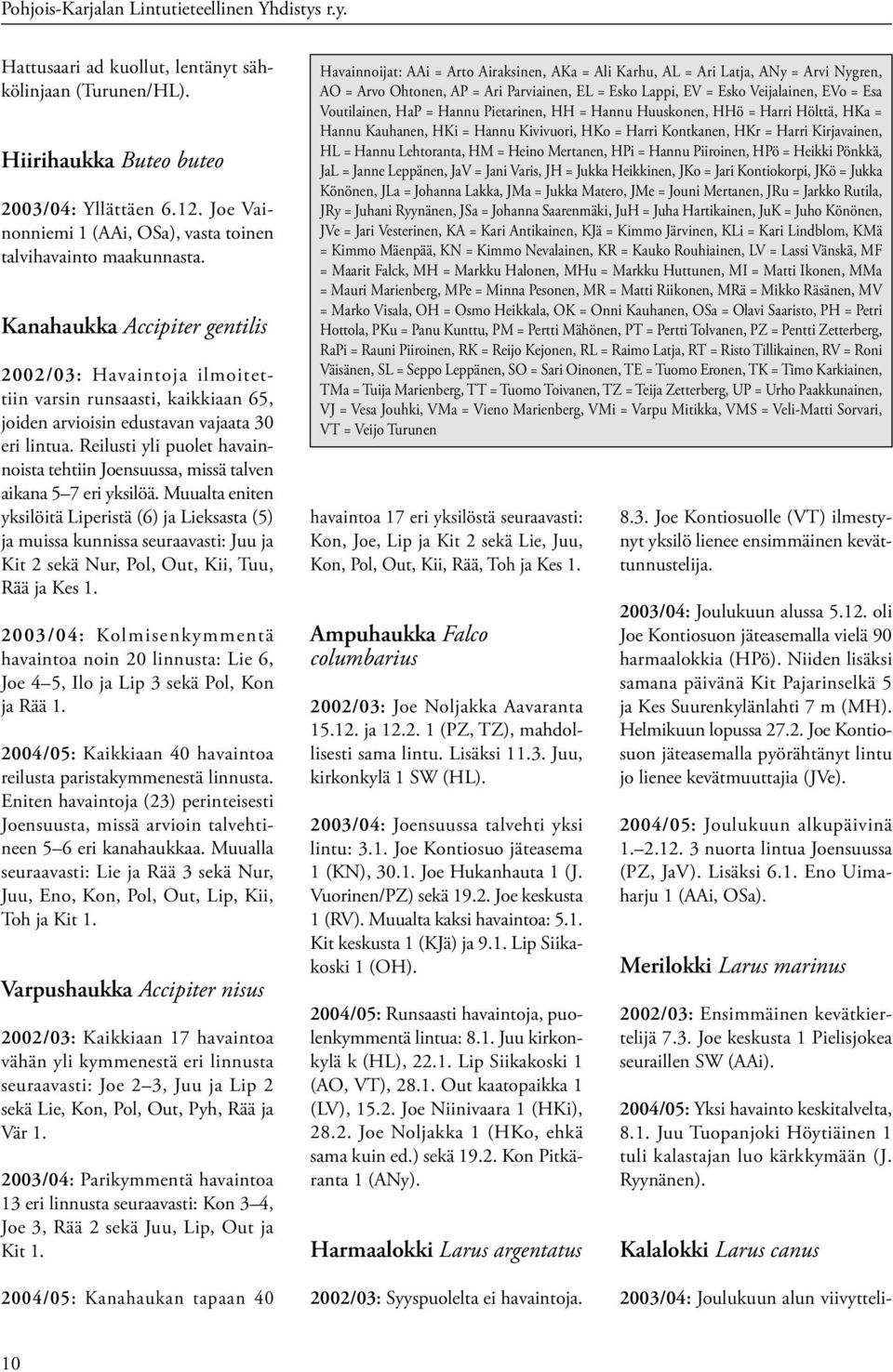Kanahaukka Accipiter gentilis 2002/03: Havaintoja ilmoitettiin varsin runsaasti, kaikkiaan 65, joiden arvioisin edustavan vajaata 30 eri lintua.