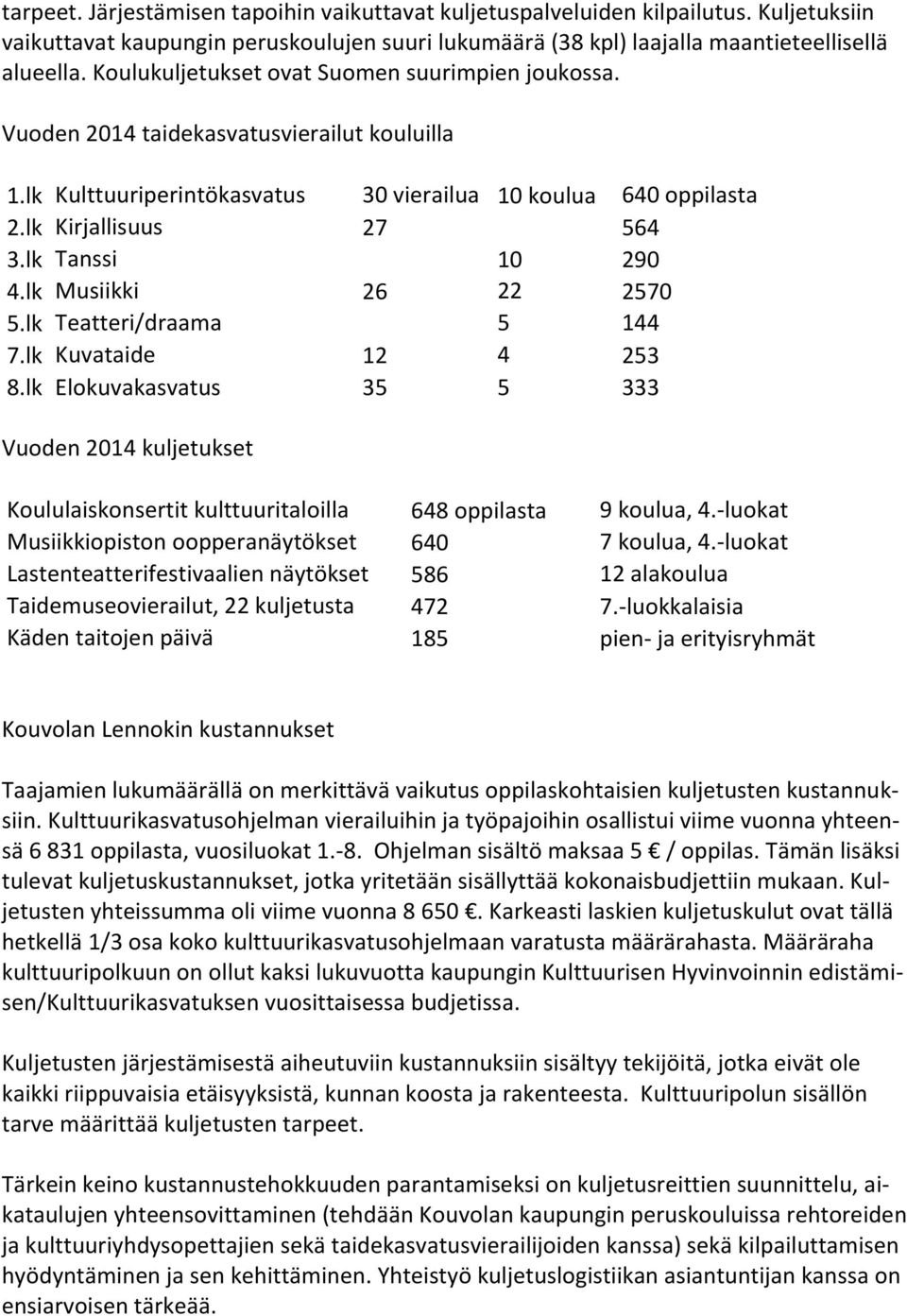 lk Tanssi 10 290 4.lk Musiikki 26 22 2570 5.lk Teatteri/draama 5 144 7.lk Kuvataide 12 4 253 8.