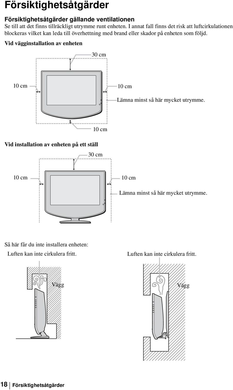 Vid vägginstallation av enheten 30 cm 10 cm 10 cm Lämna minst så här mycket utrymme.