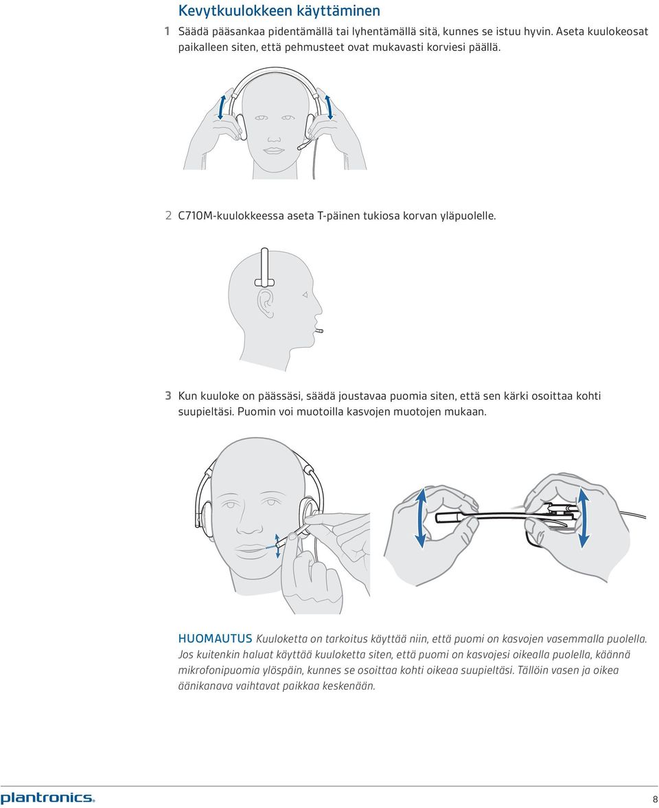 3 Kun kuuloke on päässäsi, säädä joustavaa puomia siten, että sen kärki osoittaa kohti suupieltäsi. Puomin voi muotoilla kasvojen muotojen mukaan.