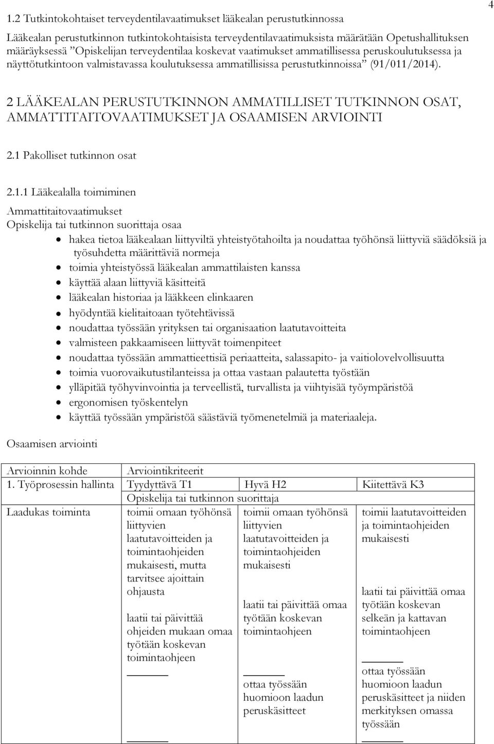 4 2 LÄÄKEALAN PERUSTUTKINNON AMMATILLISET TUTKINNON OSAT, AMMATTITAITOVAATIMUKSET JA OSAAMISEN ARVIOINTI 2.1 