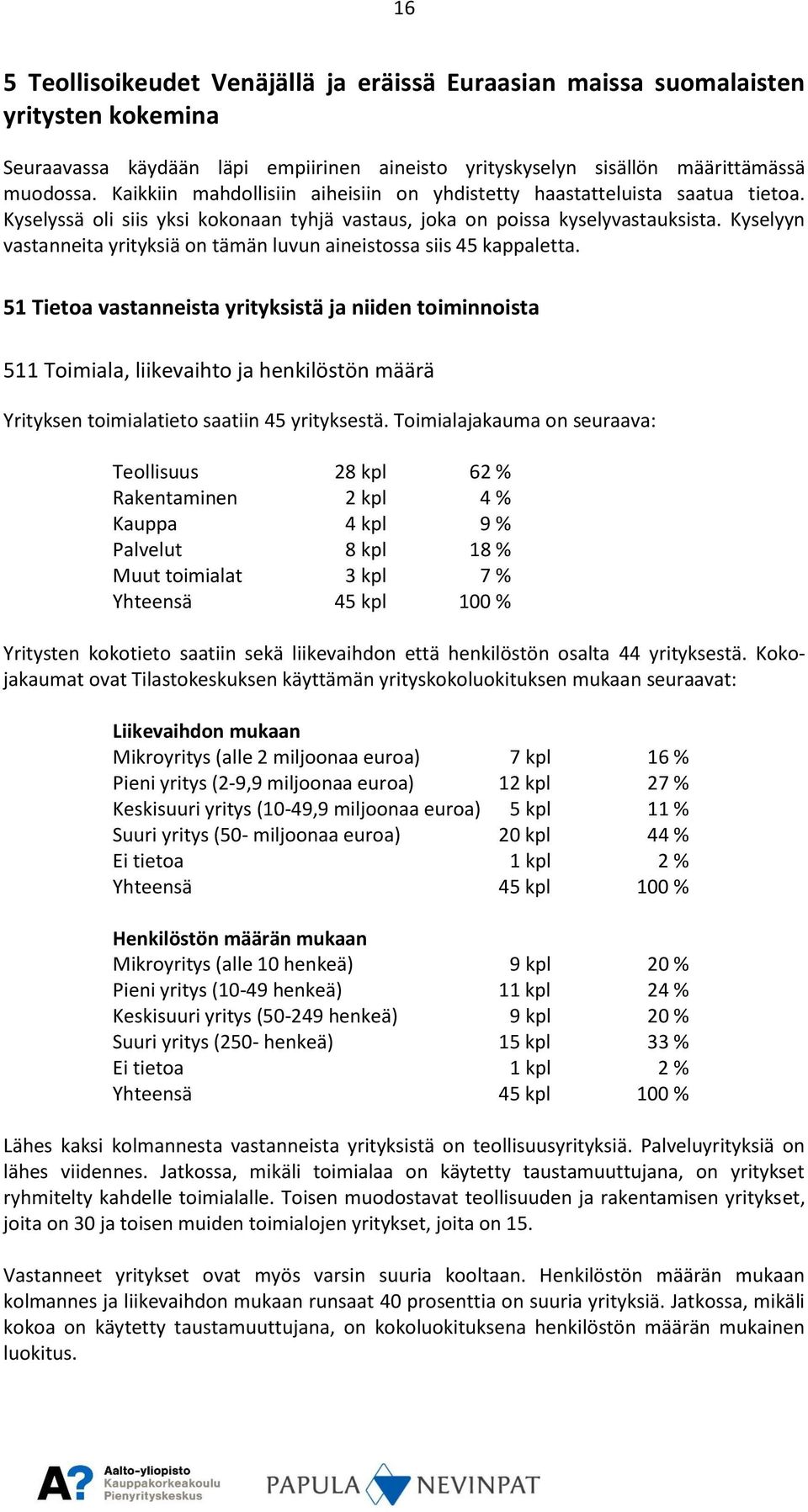 Kyselyyn vastanneita yrityksiä on tämän luvun aineistossa siis 45 kappaletta.