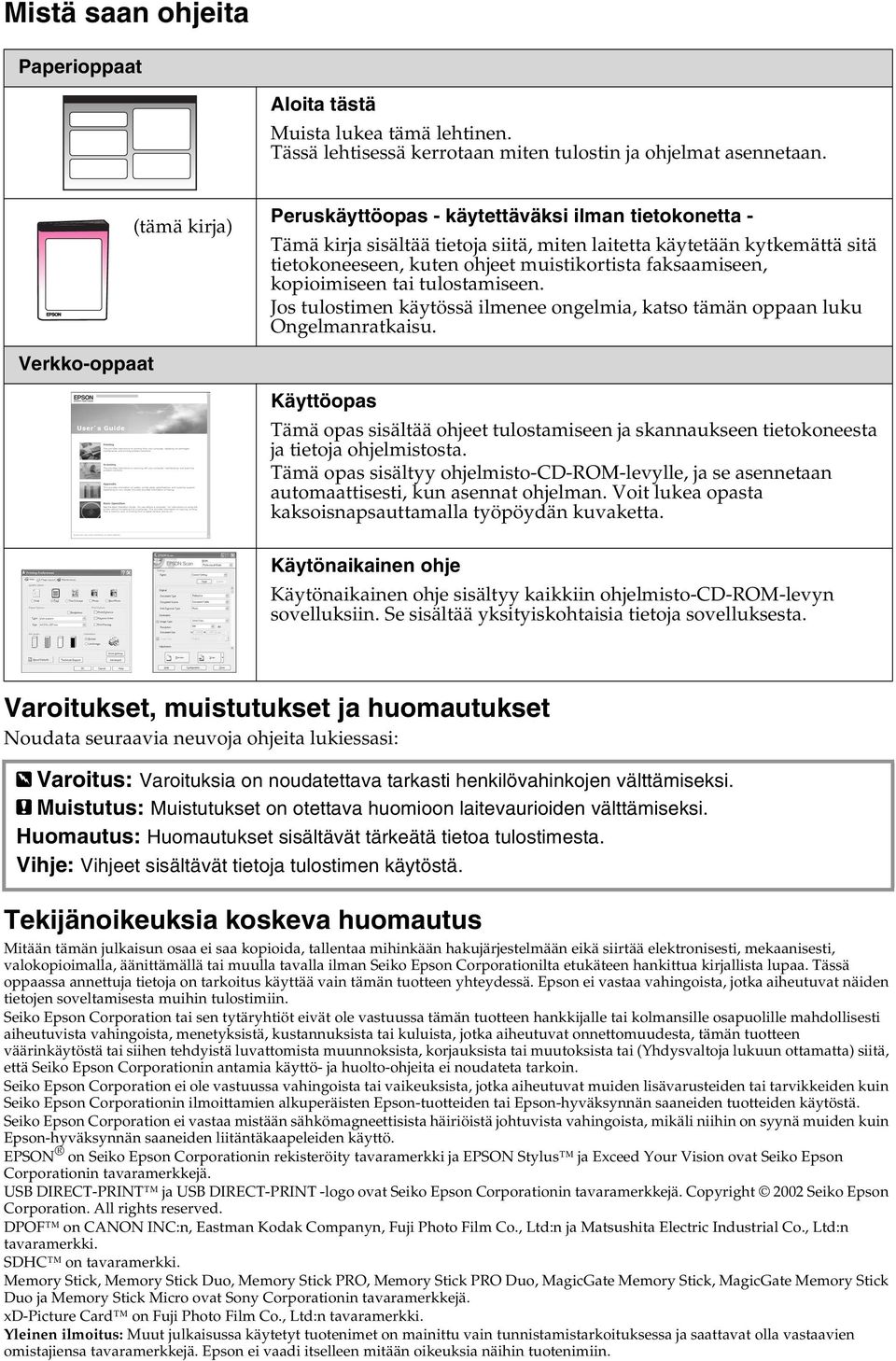 kopioimiseen tai tulostamiseen. Jos tulostimen käytössä ilmenee ongelmia, katso tämän oppaan luku Ongelmanratkaisu.