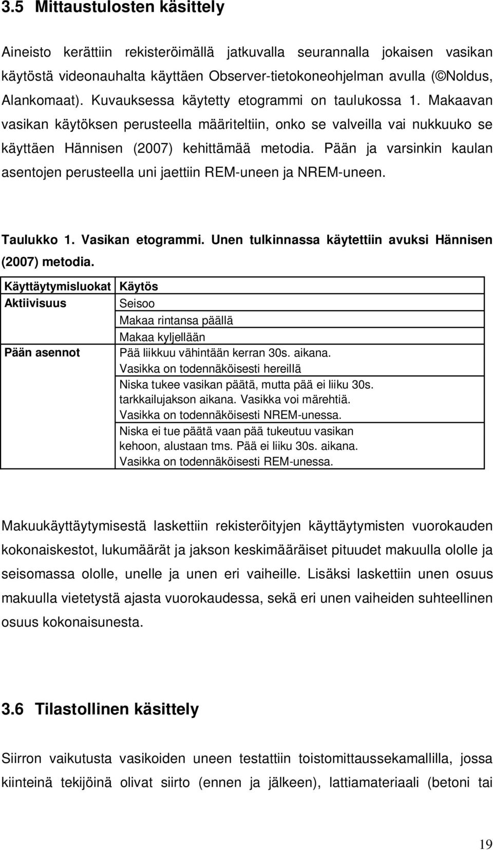 Pään ja varsinkin kaulan asentojen perusteella uni jaettiin REM-uneen ja NREM-uneen. Taulukko 1. Vasikan etogrammi. Unen tulkinnassa käytettiin avuksi Hännisen (2007) metodia.