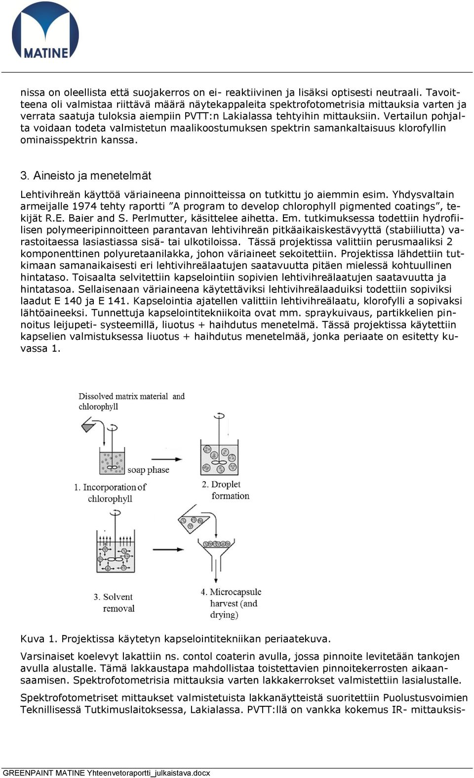 Vertailun pohjalta voidaan todeta valmistetun maalikoostumuksen spektrin samankaltaisuus klorofyllin ominaisspektrin kanssa. 3.