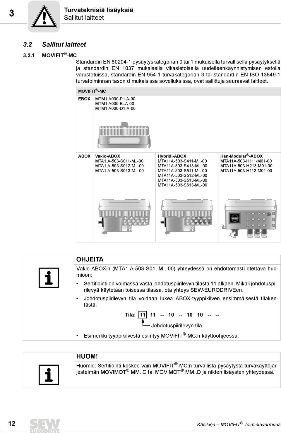 1 MOVIFIT -MC Standardin EN 60204-1 pysäytyskategorian 0 tai 1 mukaisella turvallisella pysäytyksellä ja standardin EN 1037 mukaisella vikasietoisella uudelleenkäynnistymisen estolla varustetuissa,