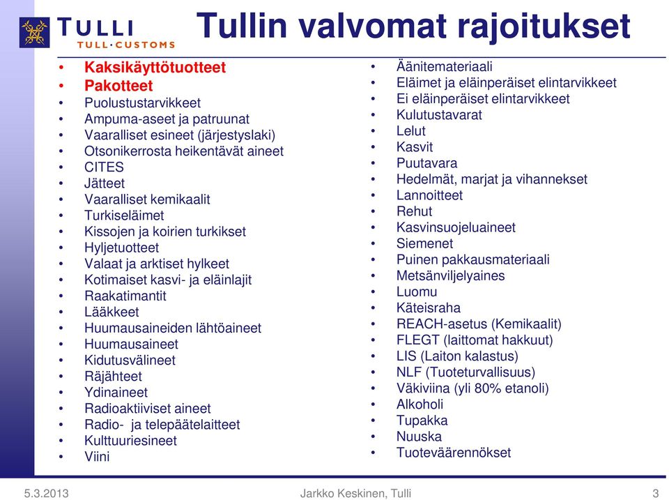 Kidutusvälineet Räjähteet Ydinaineet Radioaktiiviset aineet Radio- ja telepäätelaitteet Kulttuuriesineet Viini Äänitemateriaali Eläimet ja eläinperäiset elintarvikkeet Ei eläinperäiset elintarvikkeet