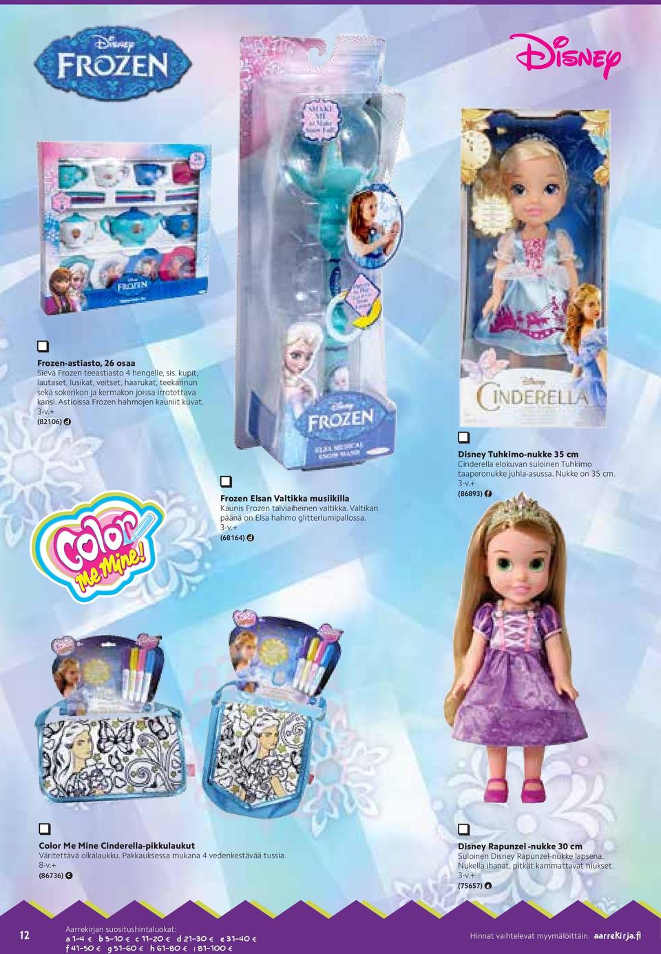 (68164) d Disney Tuhkimo-nukke 35 cm Cinderella elokuvan suloinen Tuhkimo taaperonukke juhla-asussa. Nukke on 35 cm. (86893) f Color Me Mine Cinderella-pikkulaukut Väritettävä olkalaukku.