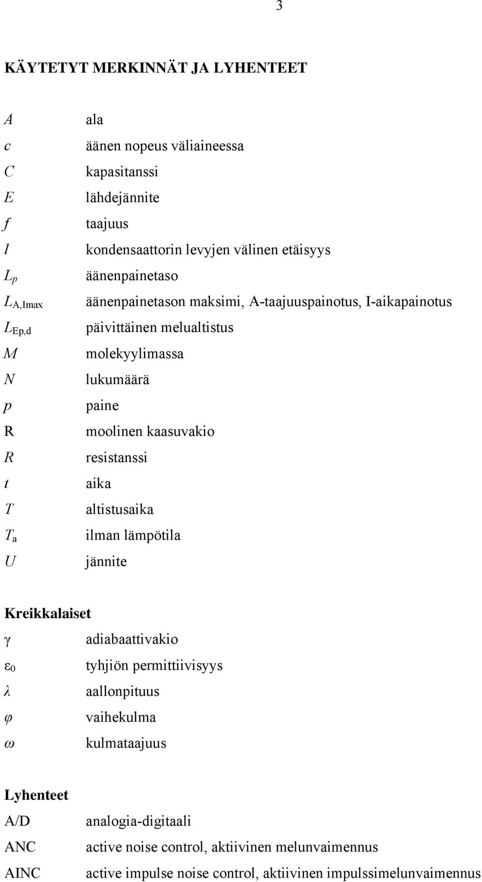 lukumäärä paine moolinen kaasuvakio resistanssi aika altistusaika ilman lämpötila jännite Kreikkalaiset γ adiabaattivakio ε 0 λ φ ω tyhjiön permittiivisyys