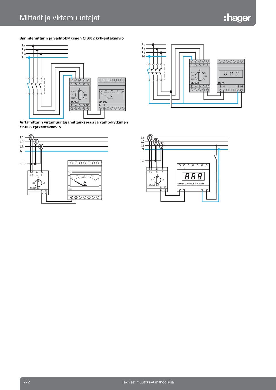 virtamuuntajamittauksessa ja vaihtokytkimen SK603 kytkentäkaavio 3 0 SK603 8 0 hager 0 5 SM 500 563500 0 5