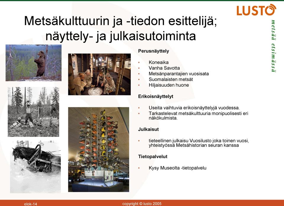 erikoisnäyttelyjä vuodessa. Tarkastelevat metsäkulttuuria monipuolisesti eri näkökulmista.