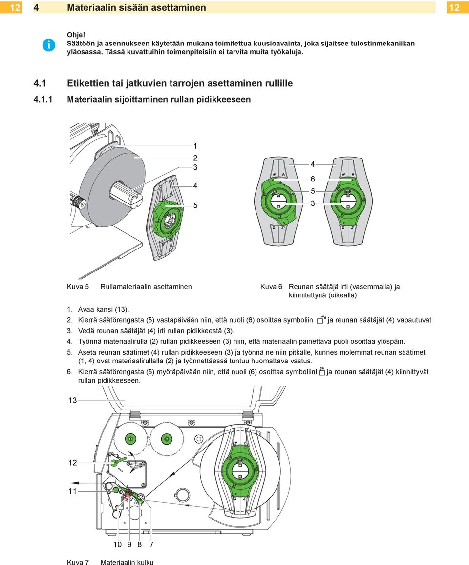 Etikettien tai jatkuvien tarrojen asettaminen rullille 4.1.