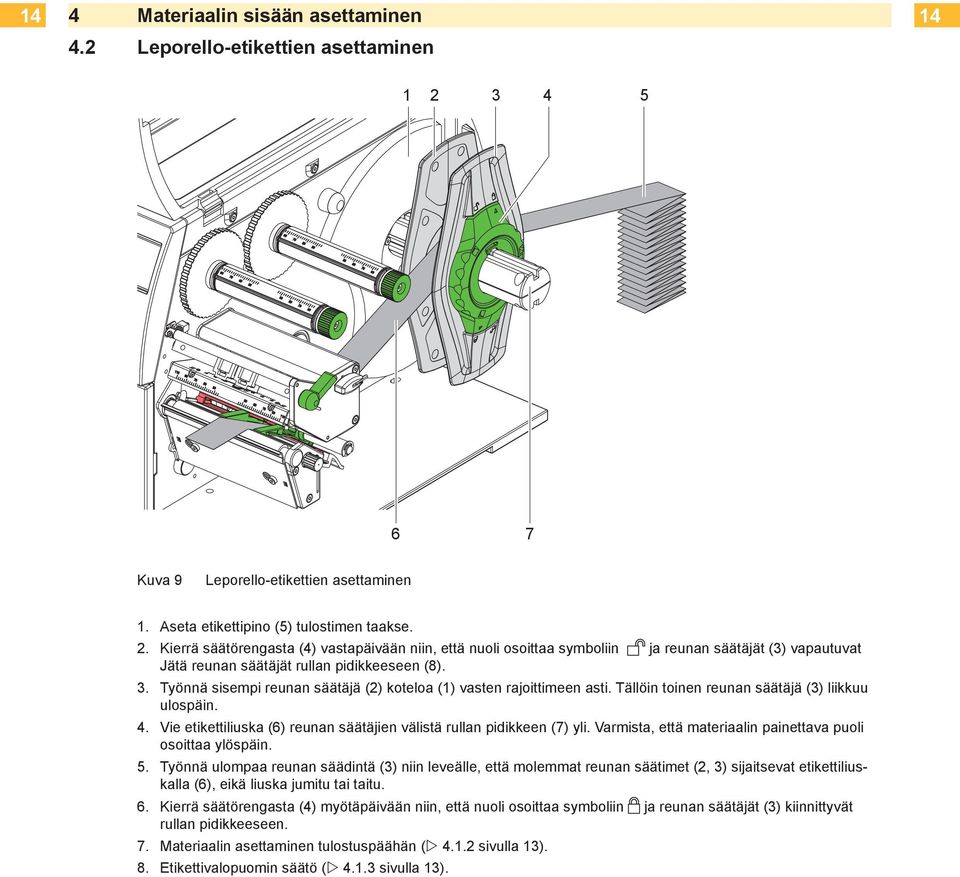 Kierrä säätörengasta (4) vastapäivään niin, että nuoli osoittaa symboliin ja reunan säätäjät (3) vapautuvat Jätä reunan säätäjät rullan pidikkeeseen (8). 3.