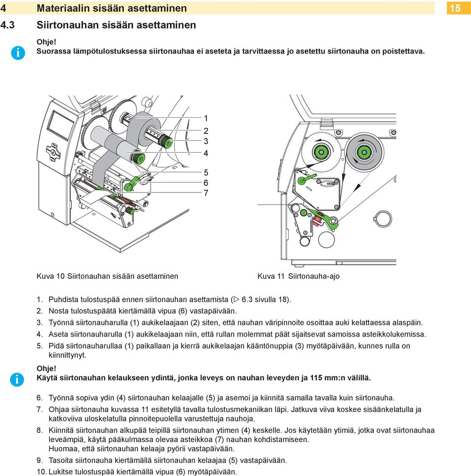 3. Työnnä siirtonauharulla (1) aukikelaajaan (2) siten, että nauhan väripinnoite osoittaa auki kelattaessa alaspäin. 4.