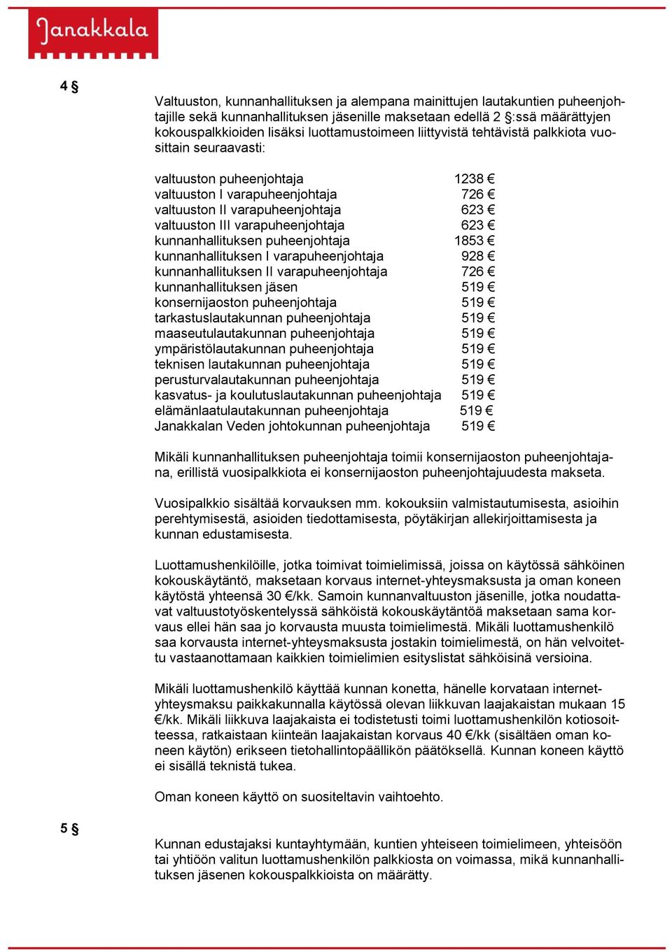 kunnanhallituksen puheenjohtaja 1853 kunnanhallituksen I varapuheenjohtaja 928 kunnanhallituksen II varapuheenjohtaja 726 kunnanhallituksen jäsen 519 konsernijaoston puheenjohtaja 519