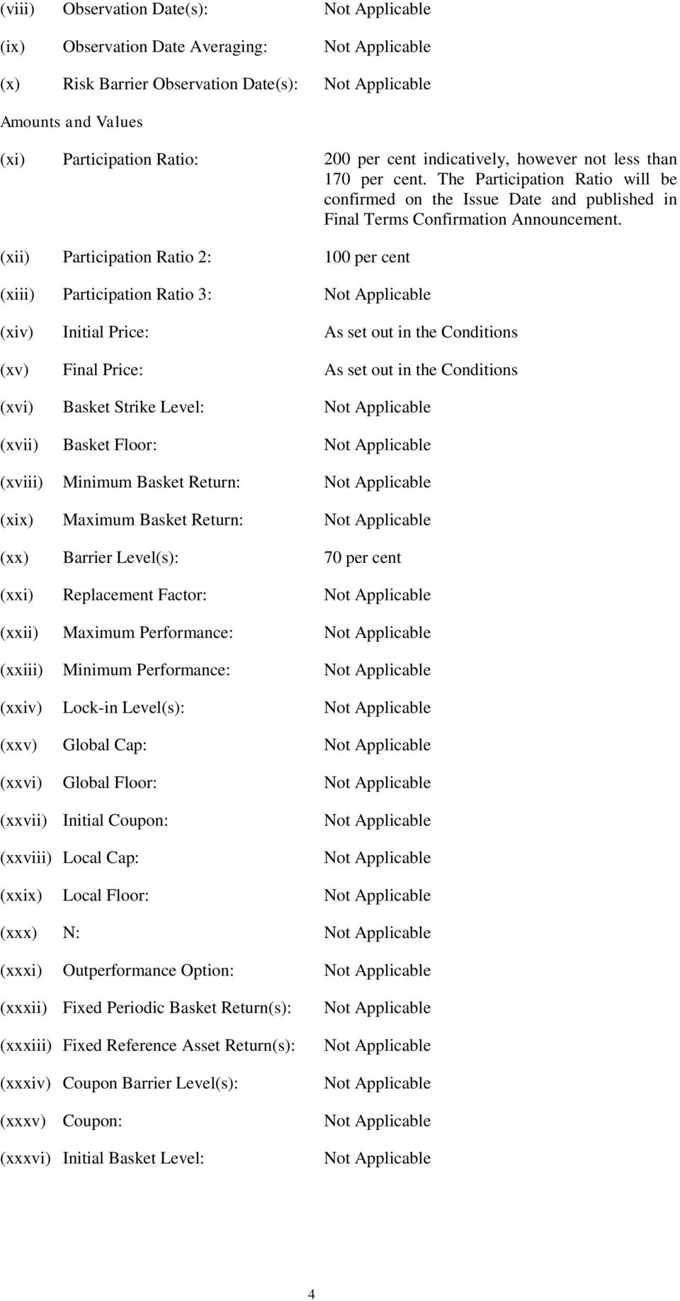 (xii) Participation Ratio 2: 100 per cent (xiii) Participation Ratio 3: Not Applicable (xiv) Initial Price: As set out in the Conditions (xv) Final Price: As set out in the Conditions (xvi) Basket