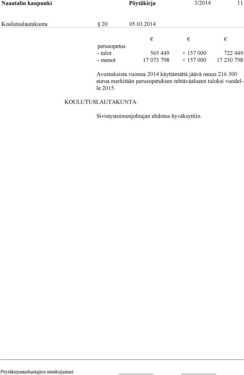 798 Avustuksista vuonna 2014 käyttämättä jäävä osuus 216 300 euroa merkitään