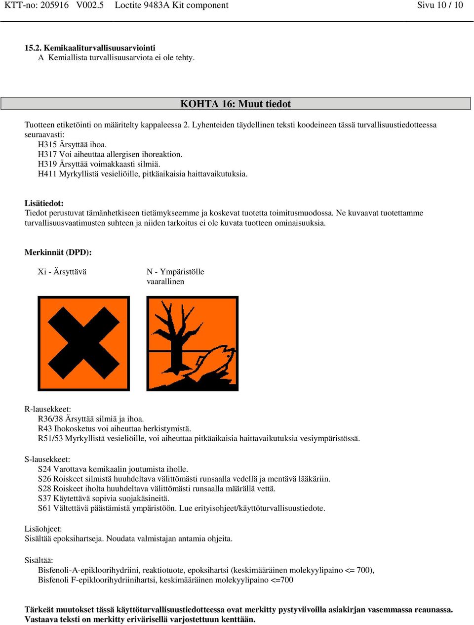 H317 Voi aiheuttaa allergisen ihoreaktion. H319 Ärsyttää voimakkaasti silmiä. H411 Myrkyllistä vesieliöille, pitkäaikaisia haittavaikutuksia.