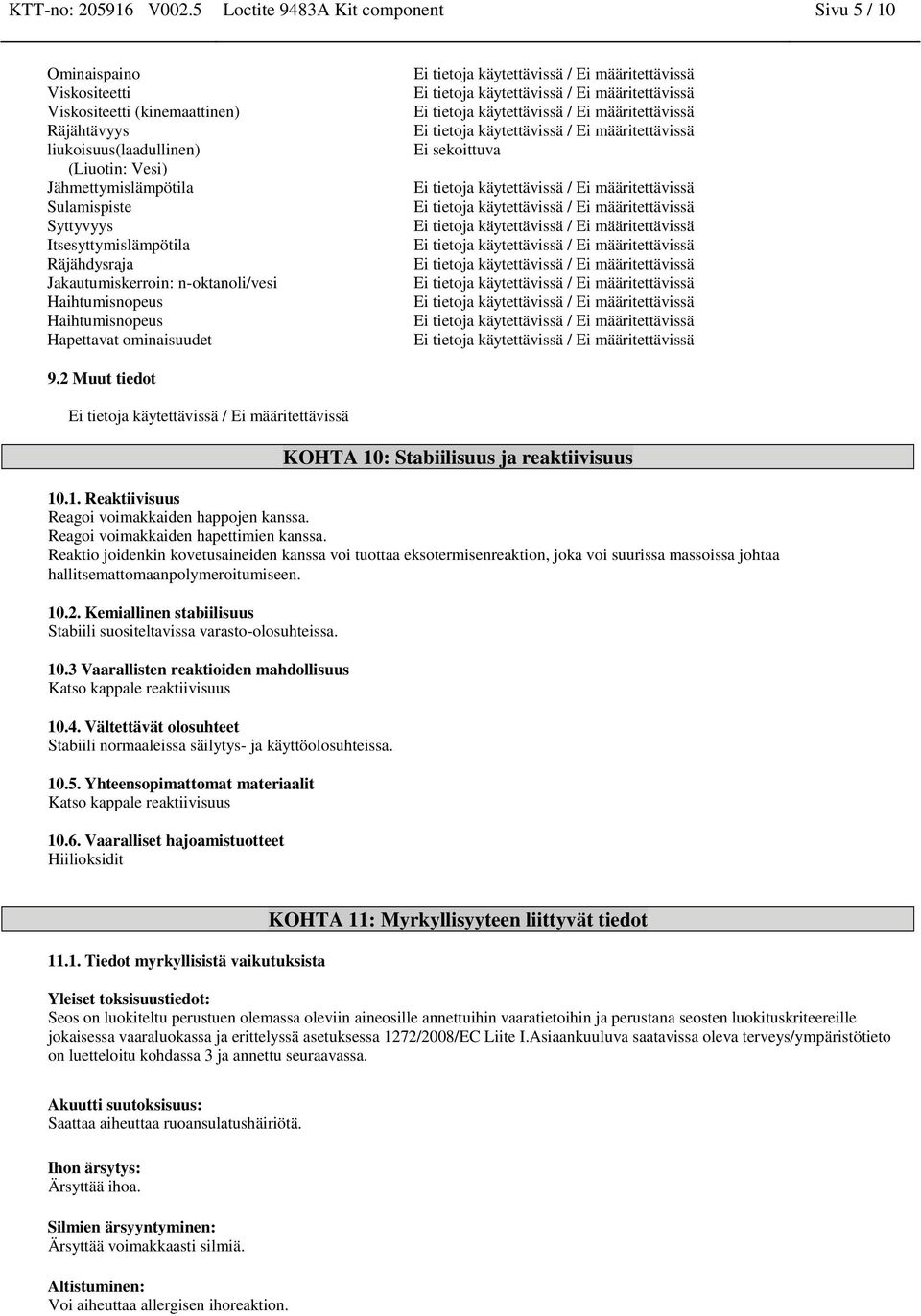 Itsesyttymislämpötila Räjähdysraja Jakautumiskerroin: n-oktanoli/vesi Haihtumisnopeus Haihtumisnopeus Hapettavat ominaisuudet Ei sekoittuva 9.2 Muut tiedot KOHTA 10: Stabiilisuus ja reaktiivisuus 10.