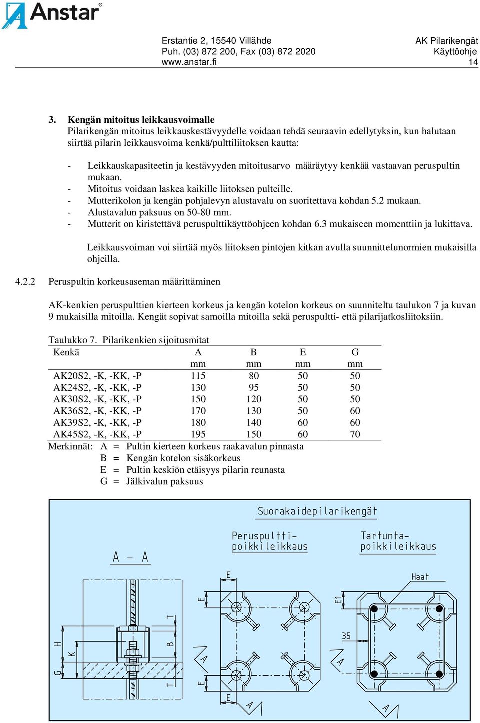 - Mutterikolon ja kengän pohjalevyn alustavalu on suoritettava kohdan 5.2 mukaan. - Alustavalun paksuus on 50-80 mm. - Mutterit on kiristettävä peruspulttikäyttöohjeen kohdan 6.