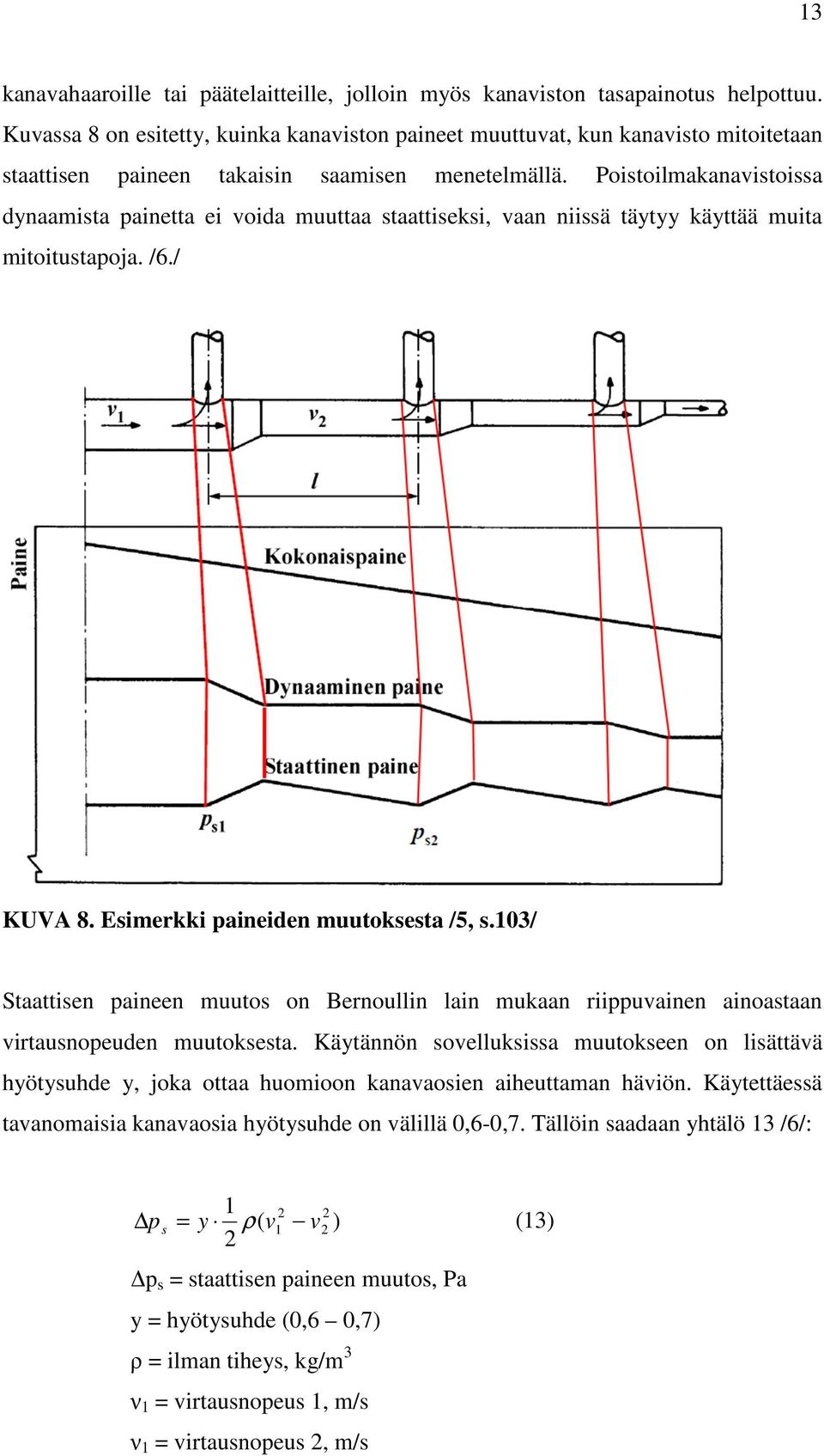 Poistoilmakanavistoissa dynaamista painetta ei voida muuttaa staattiseksi, vaan niissä täytyy käyttää muita mitoitustapoja. /6./ KUVA 8. Esimerkki paineiden muutoksesta /5, s.