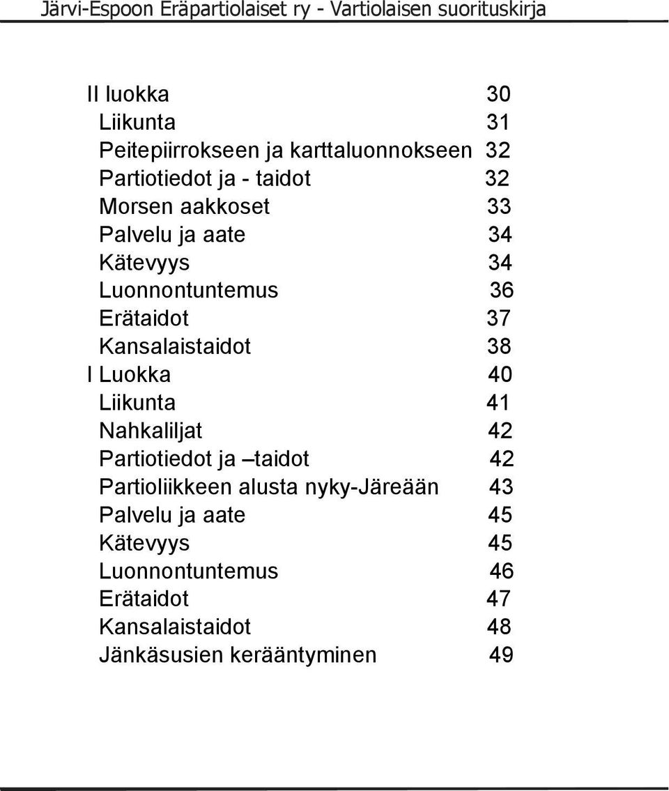 Luokka 40 Liikunta 41 Nahkaliljat 42 Partiotiedot ja taidot 42 Partioliikkeen alusta nyky-järeään 43