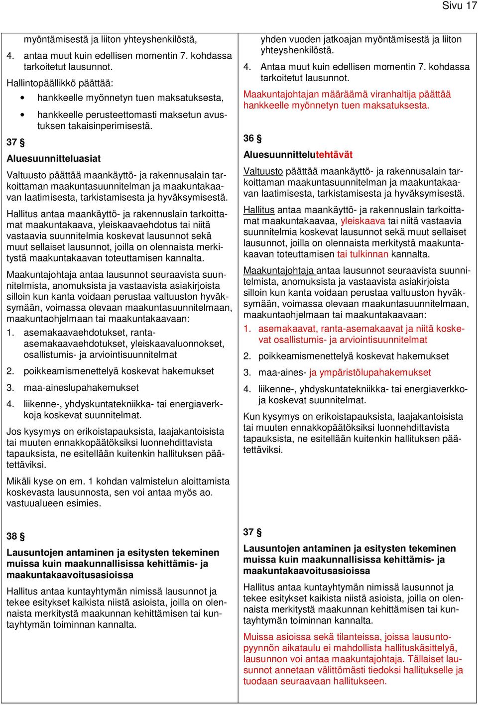 Aluesuunnitteluasiat Valtuusto päättää maankäyttö- ja rakennusalain tarkoittaman maakuntasuunnitelman ja maakuntakaavan laatimisesta, tarkistamisesta ja hyväksymisestä.