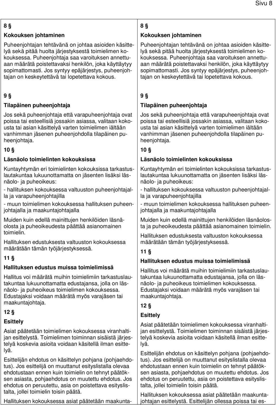 8 Kokouksen johtaminen Puheenjohtajan tehtävänä on johtaa asioiden käsittelyä sekä pitää huolta järjestyksestä toimielimen kokouksessa.