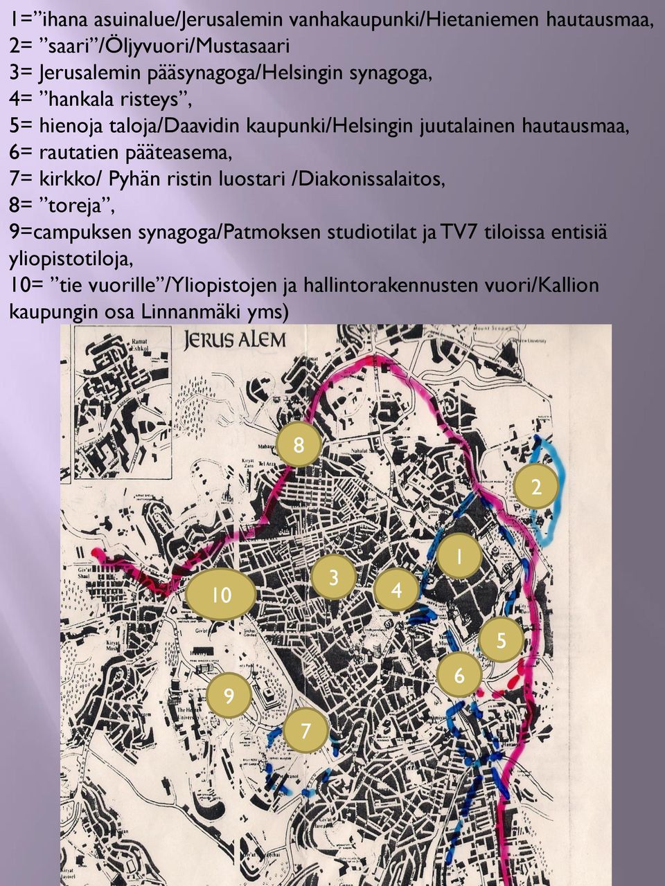 rautatien pääteasema, 7= kirkko/ Pyhän ristin luostari /Diakonissalaitos, 8= toreja, 9=campuksen synagoga/patmoksen studiotilat ja