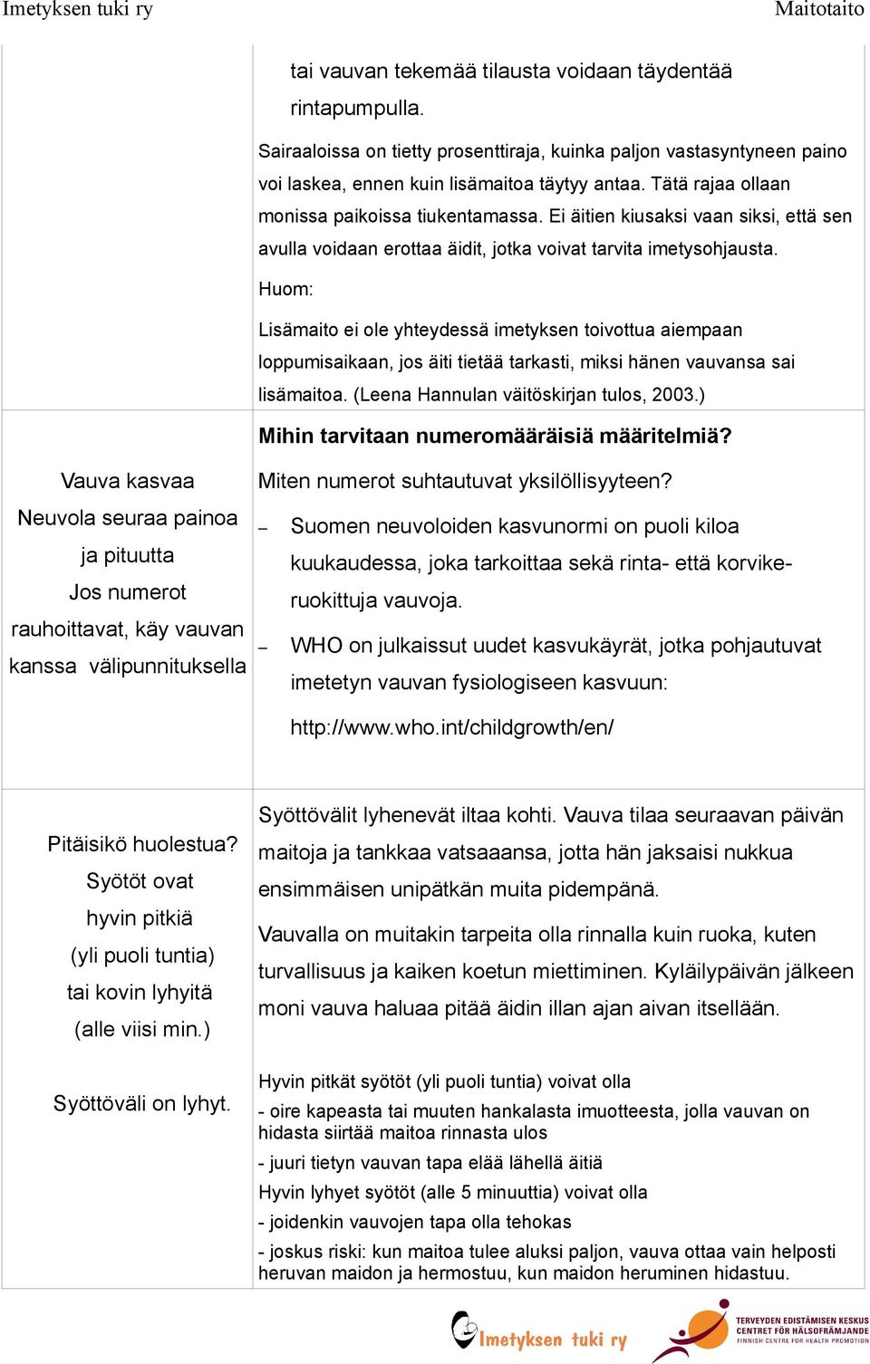 Huom: Lisämaito ei ole yhteydessä imetyksen toivottua aiempaan loppumisaikaan, jos äiti tietää tarkasti, miksi hänen vauvansa sai lisämaitoa. (Leena Hannulan väitöskirjan tulos, 2003.