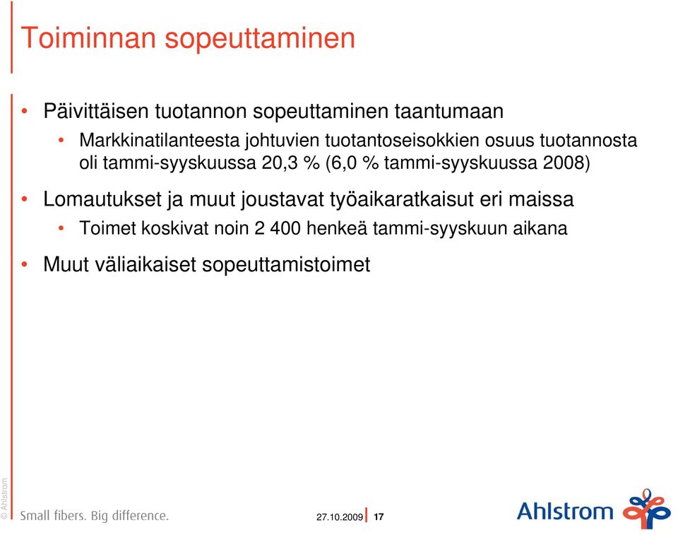 20,3 % (6,0 % tammi-syyskuussa 2008) Lomautukset ja muut joustavat työaikaratkaisut eri