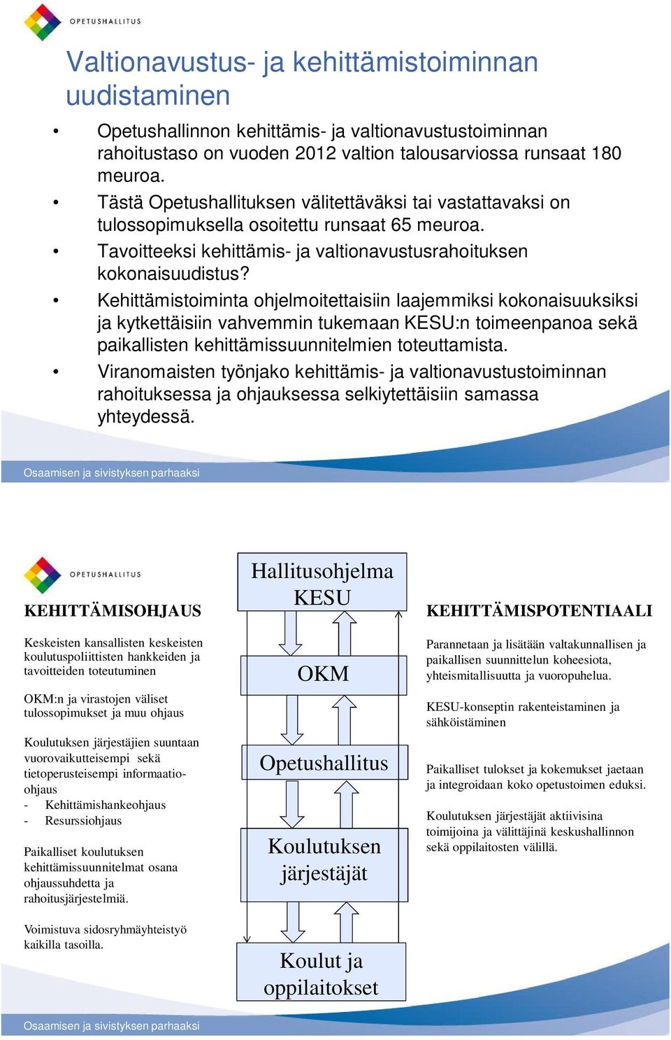 Kehittämistoiminta ohjelmoitettaisiin laajemmiksi kokonaisuuksiksi ja kytkettäisiin vahvemmin tukemaan KESU:n toimeenpanoa sekä paikallisten kehittämissuunnitelmien toteuttamista.