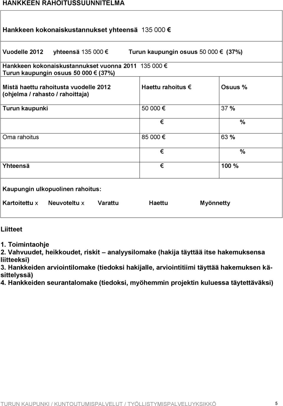 Kaupungin ulkopuolinen rahoitus: Kartoitettu x Neuvoteltu x Varattu Haettu Myönnetty Liitteet 1. Toimintaohje 2.