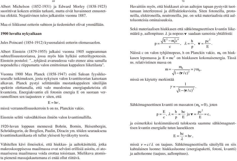 Albert Einstein (1879-1955) julkaisi vuonna 195 suppeamman suhteellisuusteoriansa, jossa myös hän hylkäsi eetterihypoteesin. Einstein postuloi: ".