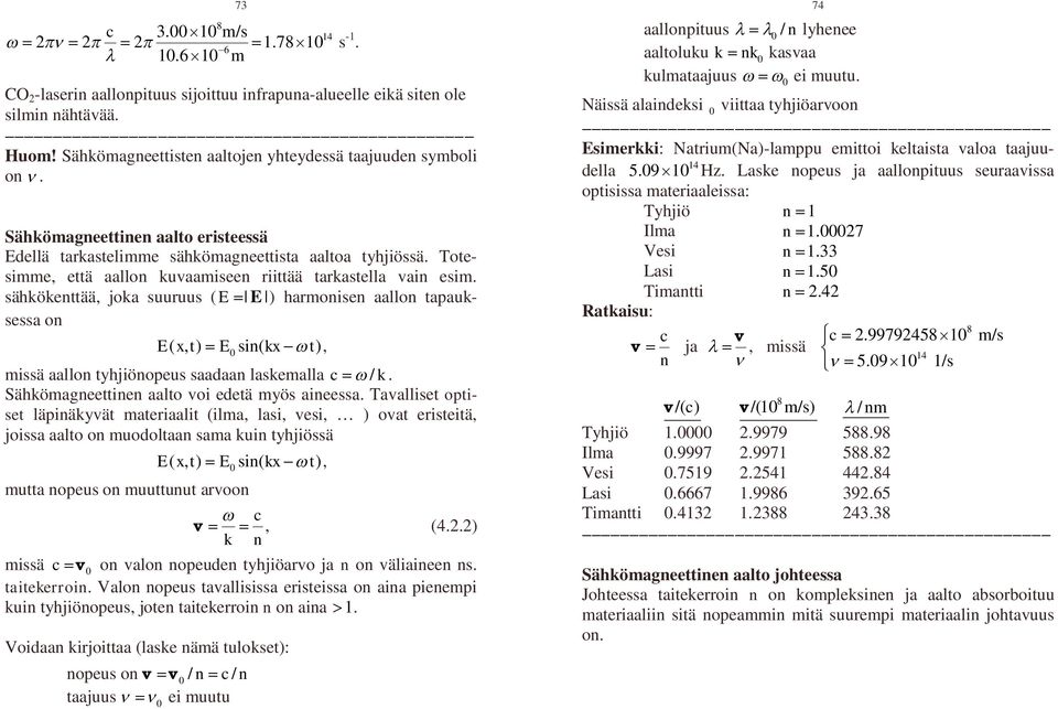 sähkökenttää, joka suuruus ( E E ) harmonisen aallon tapauksessa on E( x, t) E sin( kx t), missä aallon tyhjiönopeus saadaan laskemalla c / k. Sähkömagneettinen aalto voi edetä myös aineessa.