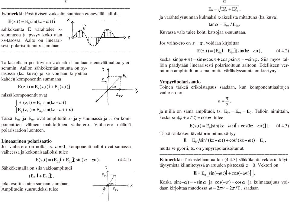 kuva) ja se voidaan kirjoittaa kahden komponentin summana E(,) zt E(,) ztˆie (,) ztˆj missä komponentit ovat Ex( z, t) E xsin( kzt) Ey( z, t) E ysin( kzt) x y Tässä E x ja E y ovat amplitudit x- ja