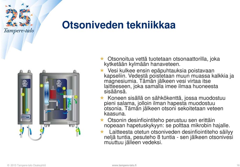 Koneen sisällä on sähkökenttä, jossa muodostuu pieni salama, jolloin ilman hapesta muodostuu otsonia. Tämän jälkeen otsoni sekoitetaan veteen kaasuna.