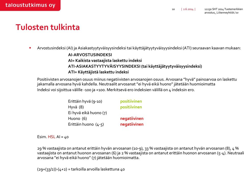 AI-ARVOSTUSINDEKSI AI= Kaikista vastaajista laskettu indeksi ATI-ASIAKASTYYTYVÄISYYSINDEKSI (tai käyttäjätyytyväisyysindeksi) ATI= Käyttäjistä laskettu indeksi Positiivisten arvosanojen osuus miinus