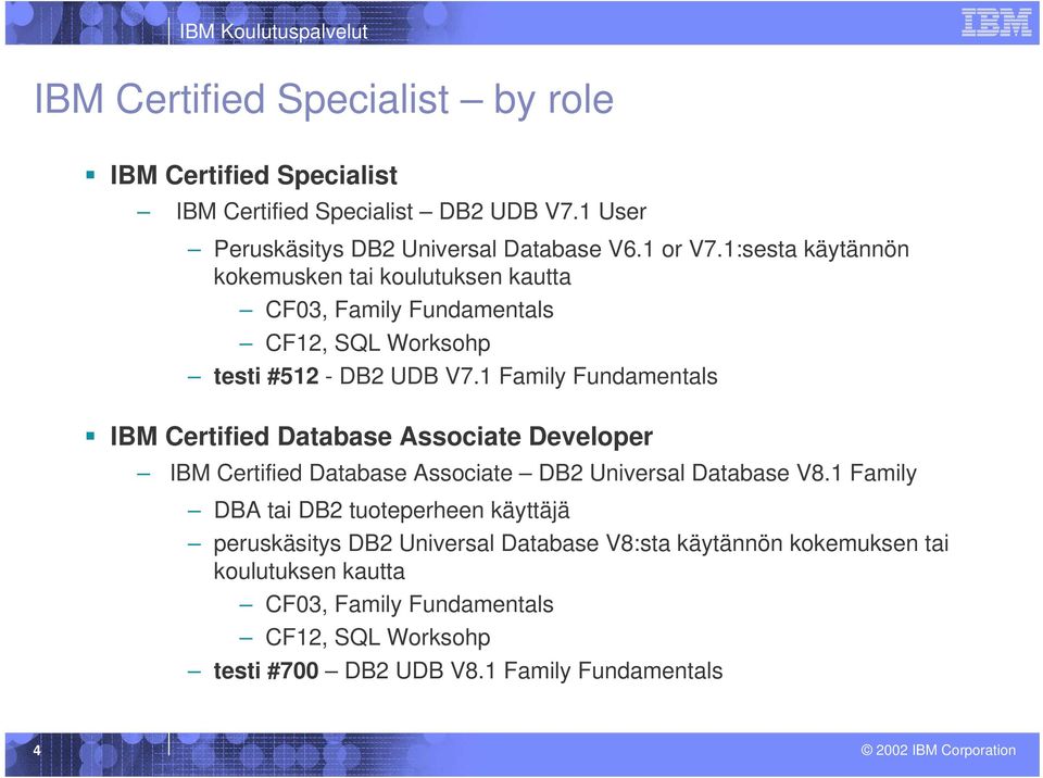 1 Family Fundamentals IBM Certified Database Associate Developer IBM Certified Database Associate DB2 Universal Database V8.