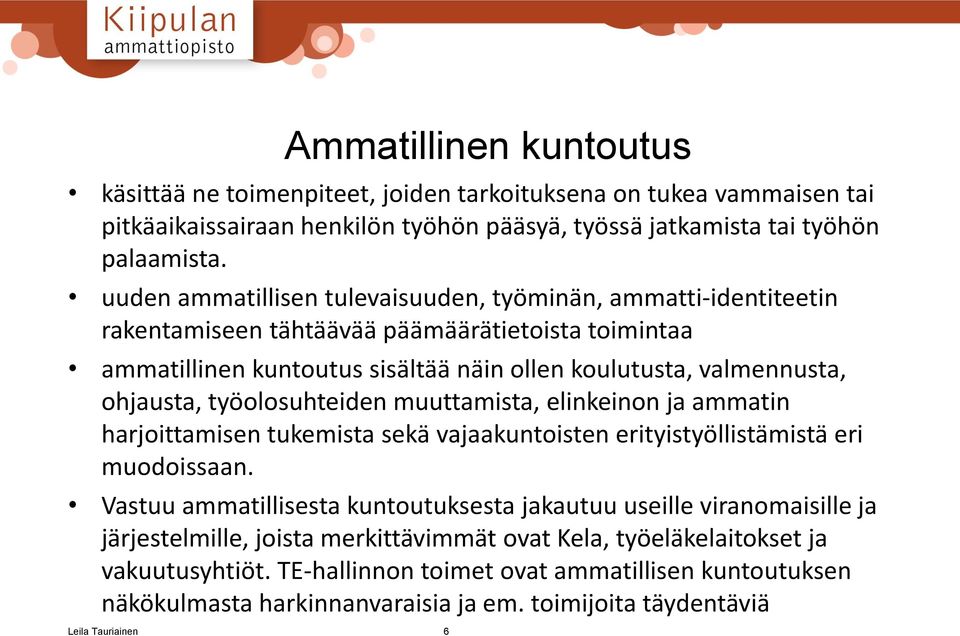 työolosuhteiden muuttamista, elinkeinon ja ammatin harjoittamisen tukemista sekä vajaakuntoisten erityistyöllistämistä eri muodoissaan.