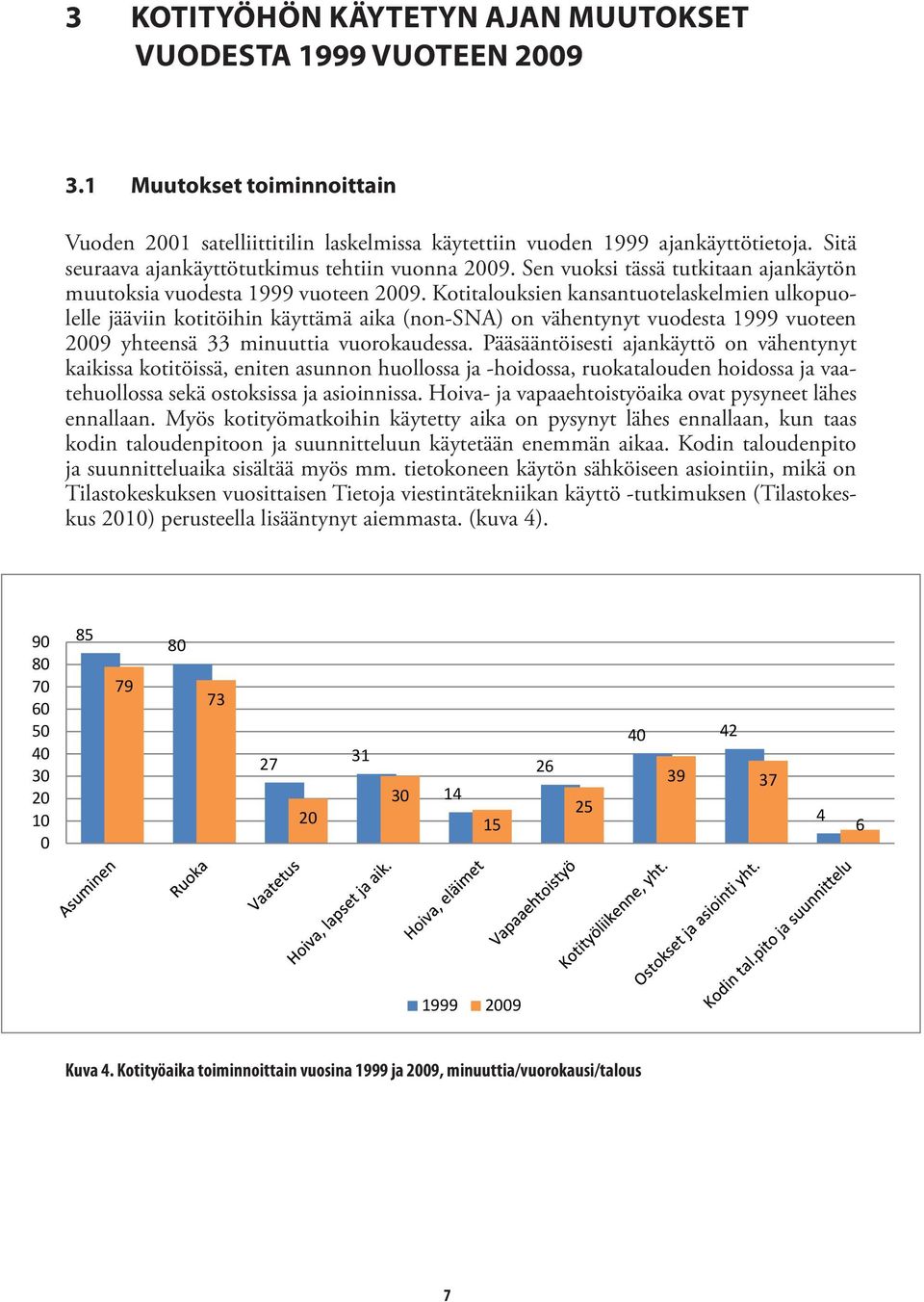 Kotitalouksien kansantuotelaskelmien ulkopuolelle jääviin kotitöihin käyttämä aika (non-sna) on vähentynyt vuodesta 1999 vuoteen 2009 yhteensä 33 minuuttia vuorokaudessa.