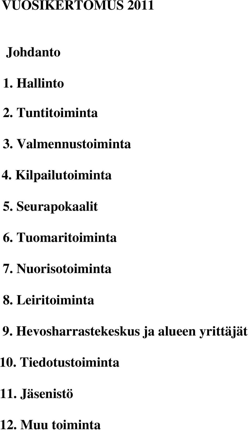 Tuomaritoiminta 7. Nuorisotoiminta 8. Leiritoiminta 9.