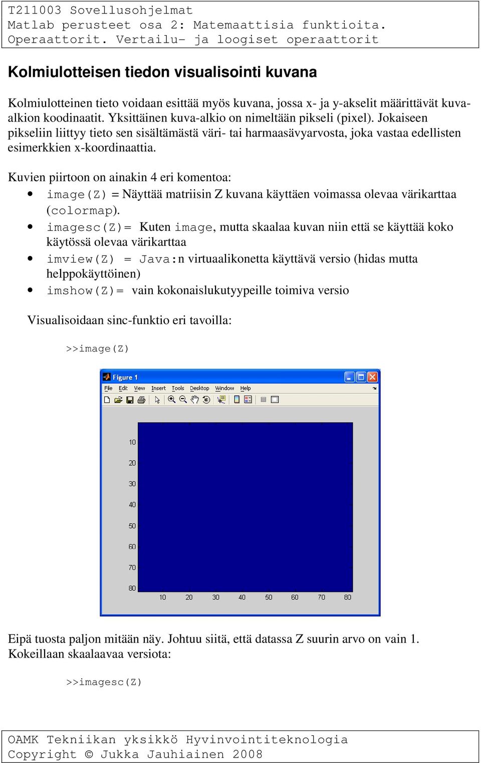 Kuvien piirtoon on ainakin 4 eri komentoa: image(z) = Näyttää matriisin Z kuvana käyttäen voimassa olevaa värikarttaa (colormap).