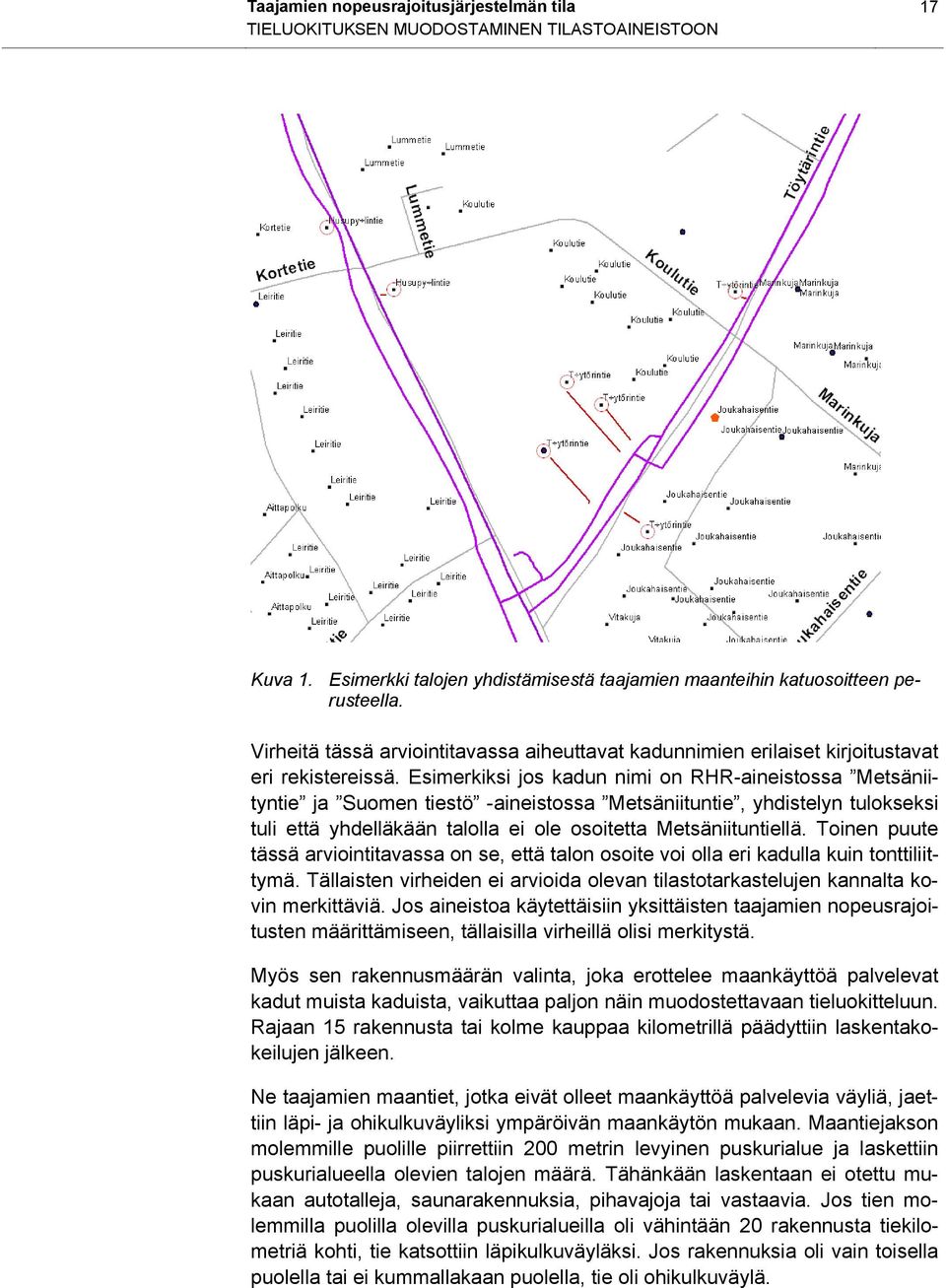 Esimerkiksi jos kadun nimi on RHR-aineistossa Metsäniityntie ja Suomen tiestö -aineistossa Metsäniituntie, yhdistelyn tulokseksi tuli että yhdelläkään talolla ei ole osoitetta Metsäniituntiellä.