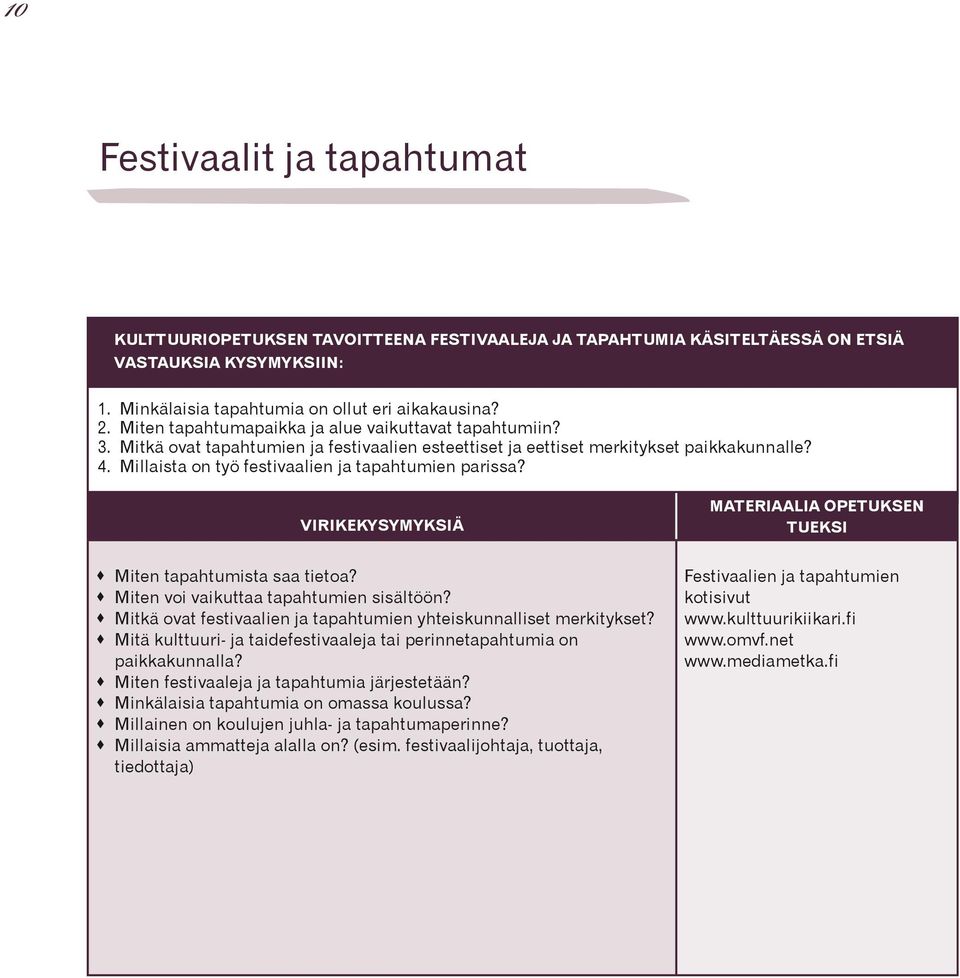 Millaista on työ festivaalien ja tapahtumien parissa? VIRIKEKYSYMYKSIÄ MATERIAALIA OPETUKSEN TUEKSI Miten tapahtumista saa tietoa? Miten voi vaikuttaa tapahtumien sisältöön?