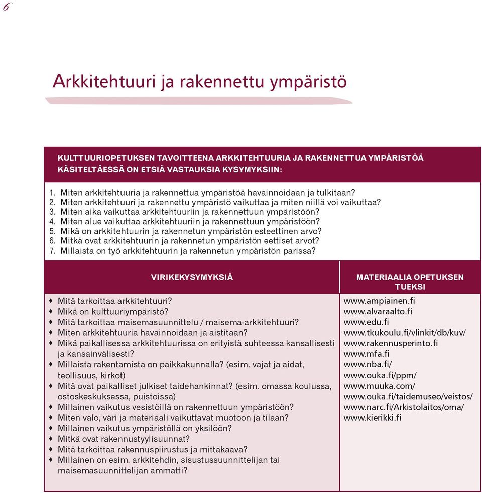 Miten aika vaikuttaa arkkitehtuuriin ja rakennettuun ympäristöön? 4. Miten alue vaikuttaa arkkitehtuuriin ja rakennettuun ympäristöön? 5.