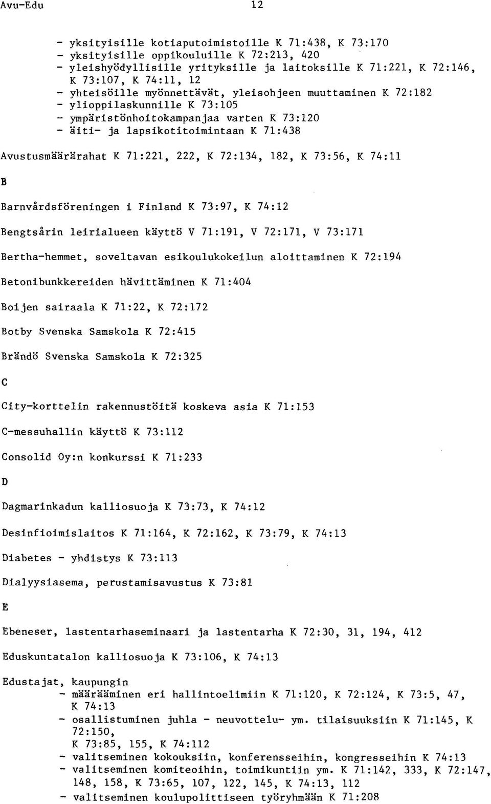 222, K 72:134, 182, K 73:56, K 74:11 B Barnvärdsföreningen i Finland K 73:97, K 74:12 Bengtsarin leirialueen käyttö V 71:191, V 72:171, V 73:171 Bertha-hemmet, soveltavan esikoulukokeilun