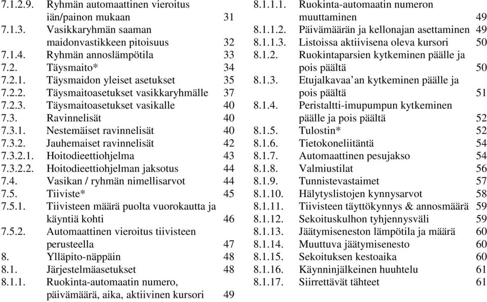 3.2.2. Hoitodieettiohjelman jaksotus 44 7.4. Vasikan / ryhmän nimellisarvot 44 7.5. Tiiviste* 45 7.5.1. Tiivisteen määrä puolta vuorokautta ja käyntiä kohti 46 7.5.2. Automaattinen vieroitus tiivisteen perusteella 47 8.