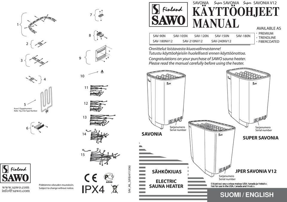 V AVAILABLE AS PREMIUM TRENDLINE FIBERCOATED 4 10 11 5 Kuva 5 Tyyppinumero Refer Fig. 5 for Type Number 13 14 Sarjanumero Serial number Sarjanumero Serial number SUPER 15 www.sawo.