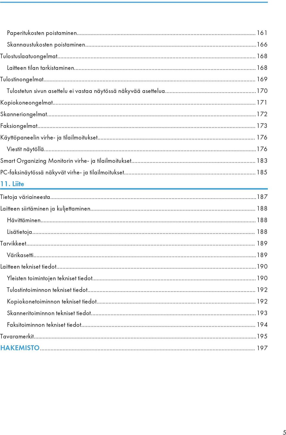 .. 176 Viestit näytöllä...176 Smart Organizing Monitorin virhe- ja tilailmoitukset... 183 PC-faksinäytössä näkyvät virhe- ja tilailmoitukset...185 11. Liite Tietoja väriaineesta.